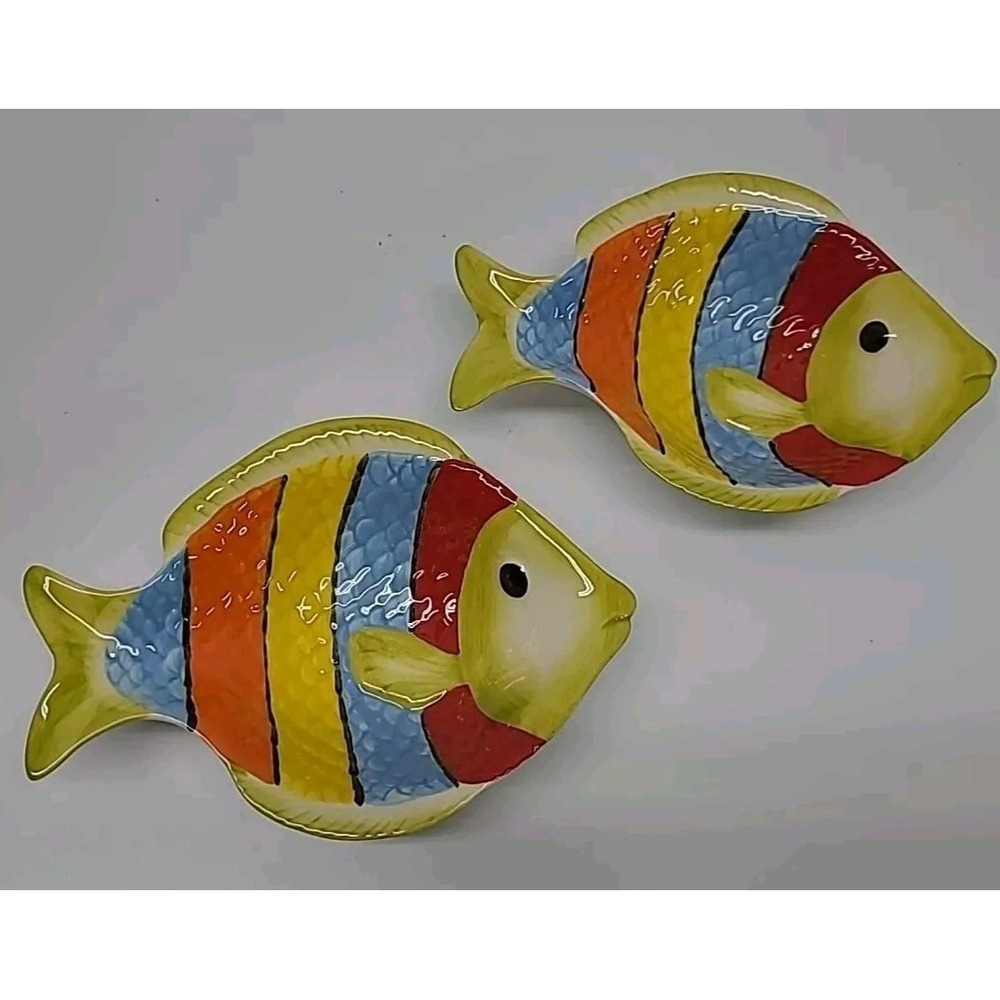 (2) Pier 1 Imports Fish Bowl Dish 7"x5" Handpainted